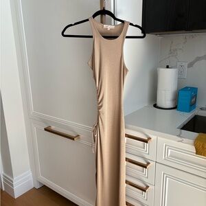 Meshki Tan Maxi Dress with Side Ruche